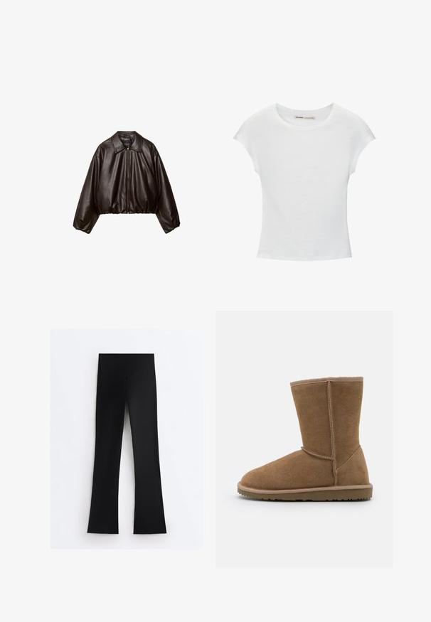 Brun faux læder cropped jakke med krave, lynlås-lukning og pufferærmer, med en glat tekstur og elastisk talje.; Hvid bomuld t-shirt med korte, opsmøgede ærmer, rund halsudskæring og lige kant. Glat tekstur uden synlige mønstre eller detaljer.; Sorte leggings med høj talje og bred taljebånd, med lige ben, vist fladt på hvid baggrund.; Brune ruskinds ankelstøvle med rund tå, lodrette sømme og flad gummisål. Designet har syninger rundt åbningen.