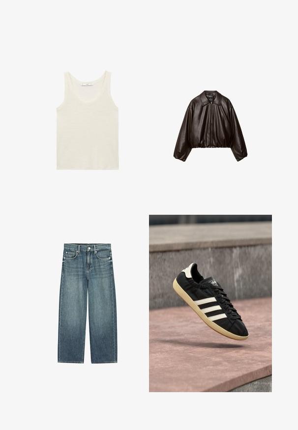 Veste cropped en simili cuir marron avec col, fermeture éclair et manches bouffantes, présentant une texture lisse et une taille élastique.; Débardeur blanc en tissu léger. Présente un encolure arrondie et de larges emmanchures, avec une texture lisse et un design minimaliste.; Jean en denim bleu à jambes larges avec bouton et fermeture éclair devant, passants pour ceinture et cinq poches.; Baskets Adidas noires avec des bandes blanches et une semelle beige, capturées en plein air au-dessus d'une surface en pierre et d'un mur en pierre en arrière-plan.