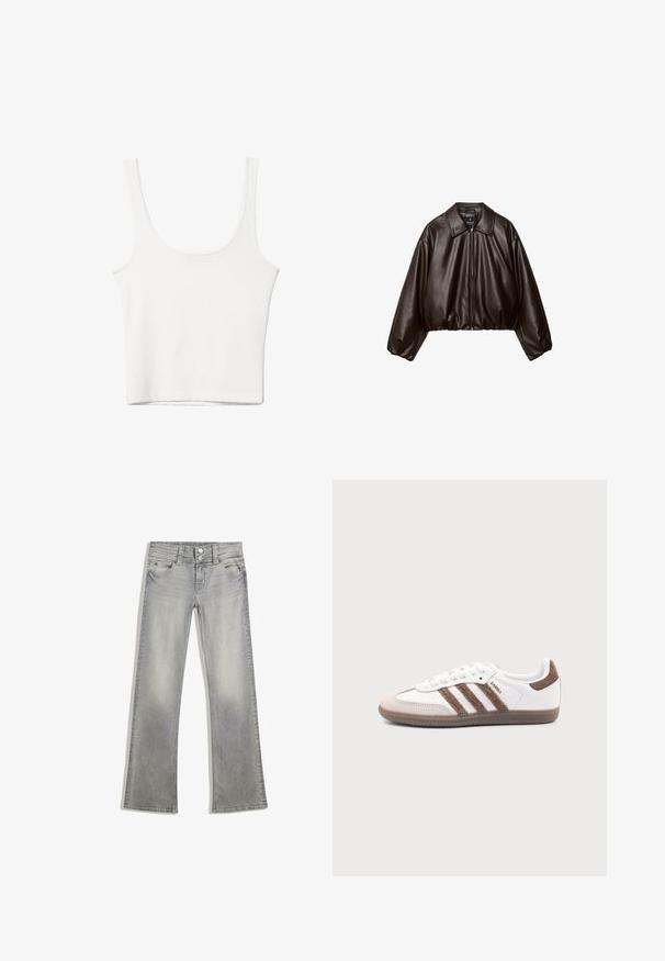 Veste cropped en simili cuir marron avec col, fermeture éclair et manches bouffantes, présentant une texture lisse et une taille élastique.; Débardeur en coton blanc avec un décolleté arrondi, sans manches et ajusté. Texture lisse, design uni et détails de couture minimaux.; Jeans flare en denim gris avec une finition délavée, dotés d'une fermeture à bouton, de cinq poches et de coutures le long de la taille et de l'ourlet.; Baskets Adidas Samba blanches avec des bandes en daim marron, semelle en caoutchouc marron et bout en daim beige, vues du côté extérieur sur un fond uni.