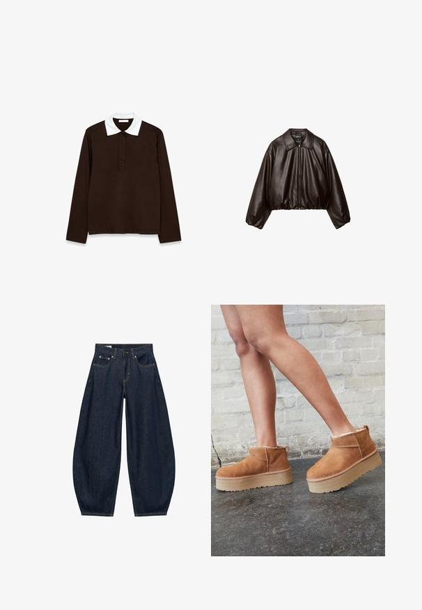 Veste cropped en simili cuir marron avec col, fermeture éclair et manches bouffantes, présentant une texture lisse et une taille élastique.; Polo à manches longues en tissu marron foncé avec un col blanc texturé et une patte de boutonnage à trois boutons. Matière lisse et confortable.; Jean en denim bleu foncé à jambes larges avec poches avant, passants de ceinture et fermeture par bouton à la taille.; Bottines en suède marron avec une doublure en peluche, semelle épaisse en beige et une poignée à l'arrière. Surface texturée avec des détails de couture visibles.