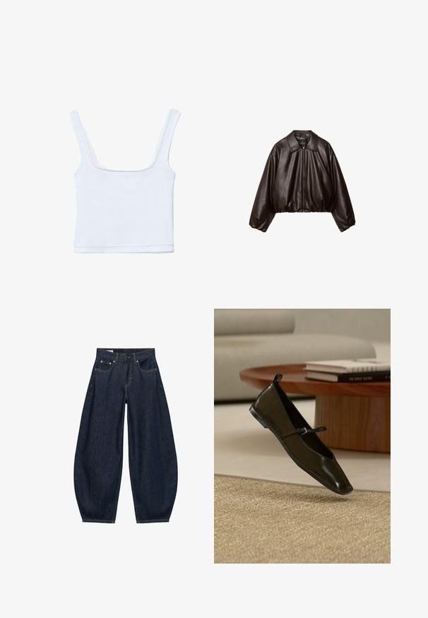 Veste cropped en simili cuir marron avec col, fermeture éclair et manches bouffantes, présentant une texture lisse et une taille élastique.; Top court blanc côtelé avec larges bretelles et encolure carrée, posé à plat sur un fond blanc.; Jean en denim bleu foncé à jambes larges avec poches avant, passants de ceinture et fermeture par bouton à la taille.; Chaussure plate Mary Jane en cuir noir flottant au-dessus d'un tapis beige tissé, avec une table ronde en bois et des livres empilés en arrière-plan.
