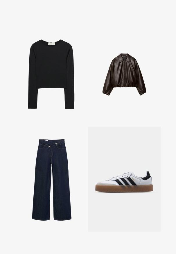 Hnedá koženka skrátená bunda s golierom, zipsom a nadýchanými rukávmi, s hladkým povrchom a elastickým pásom.; Čierny crop top s dlhým rukávom vyrobený z ľahkej látky, s okrúhlym výstrihom a priliehavým strihom, s čistými švami a bez ozdôb.; Tmavomodré široké džíny s vysokým pásom a zapínaním na gombíky, so prednými a zadnými vreckami a hnedým prešívaním.; Biele kožené tenisky s čiernymi pruhmi, gumová podrážka, okrúhla špička, šnurovanie a mäkký sivý semišový špička.
