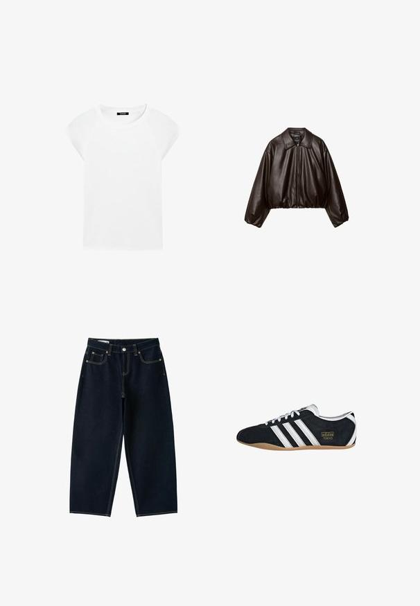 Veste cropped en simili cuir marron avec col, fermeture éclair et manches bouffantes, présentant une texture lisse et une taille élastique.; T-shirt blanc uni à manches courtes avec un col rond et des manches raglan, présenté sur un fond blanc.; Jean bleu foncé à jambes larges, taille haute, bouton sur le devant, fermeture éclair et cinq poches avec coutures apparentes.; Sneakers en suede noir avec trois bandes blanches, logo doré et semelle en caoutchouc marron. Présente un design à lacets à profil bas.