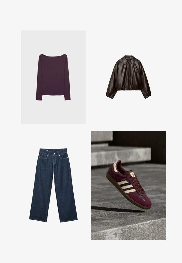 Brun faux læder cropped jakke med krave, lynlås-lukning og pufferærmer, med en glat tekstur og elastisk talje.; Langærmet bluse i mørk lilla, lavet af blødt jersey stof. Har en bred halsudskæring og en afslappet pasform, med lige kant og lange ærmer.; Mørkeblå vidde jeans i denim med dobbelt knaplukning, forlommer og kontrastsyning på hvid baggrund.; Bourgognefarvet sneaker med tekstureret læder, tre hvide striber og gyldne detaljer. Gummisål, klassisk Samba-design og åndbare mesh-detaljer.
