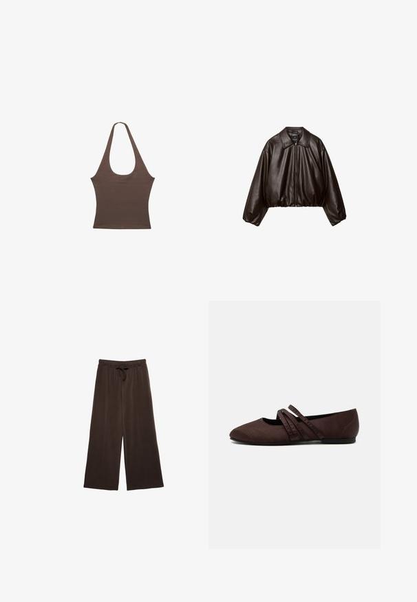Veste cropped en simili cuir marron avec col, fermeture éclair et manches bouffantes, présentant une texture lisse et une taille élastique.; Haut marron sans manches à col licou avec un profond décolleté en U et une taille cintrée, présenté sur un fond blanc.; Pantalons larges marron avec un waistband à cordon. Fabriqués en tissu doux, avec des coutures verticales à l'avant pour un détail supplémentaire.; Chaussure plate marron avec un bout pointu et deux fines brides croisées sur le cou-de-pied, détails de couture visibles et petit talon.