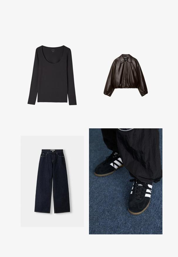 Brun faux læder cropped jakke med krave, lynlås-lukning og pufferærmer, med en glat tekstur og elastisk talje.; Sort langærmet skjorte med bred rund halsudskæring, lagt fladt på en hvid baggrund.; Mørkeblå denim wide-leg jeans med høj talje, fem lommer, kontraststing og sølvfarvet metalbeslag. Glat overflade og pæn finish.; Sorte suedetrainingssko med tre hvide striber og sorte snørebånd. Et tekstureret sort bukser er delvist synligt ved siden af skoene.