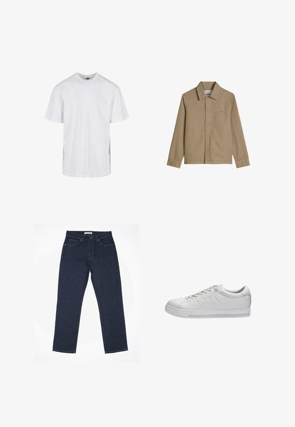 Beige blouse met lange mouwen, knoopsluiting, puntkraag, klein borstzakje en subtiel logolabel aan de linkerkant.; Eenvoudig wit T-shirt met korte mouwen en ronde hals, met een losse pasvorm, afgebeeld tegen een witte achtergrond.; Donkerblauwe jeans van denim, met een rechte pasvorm, vijf-pocket ontwerp en contrasterende stiksels langs de naden.; Witte lage leren sneaker met veters, geperst merkteken aan de zijkant en een platte rubberen zool met subtiele horizontale strepen.