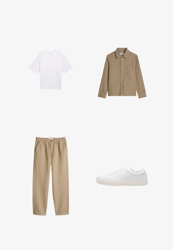 Beige blouse met lange mouwen, knoopsluiting, puntkraag, klein borstzakje en subtiel logolabel aan de linkerkant.; Witte T-shirt met korte mouwen van katoen. Ontspannen pasvorm met een ronde hals. Glad materiaal zonder zichtbare patronen of accenten.; Beige casual broek met elastische tailleband, knoop- en ritssluiting, en zijzakken, ontworpen voor comfort en dagelijks gebruik.; Witte leren sneaker met een gladde textuur, ronde neus, vetersluiting en een platte rubberen zool. Minimalistisch ontwerp zonder zichtbare patronen.