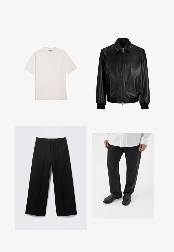 Blouson bomber en cuir noir avec fermeture éclair sur le devant, poignets et taille côtelés, doté d'un col classique et de poches latérales.; T-shirt blanc à manches courtes en coton doux, avec un logo de marque subtilement gaufré sur la poitrine et un col rond classique.; Pantalon large noir avec passants pour ceinture, poches avant et fermeture éclair, présenté sur un fond gris clair.; Pantalons en denim noir associés à des mocassins noirs brillants. La chemise est blanche avec de fines rayures verticales, avec des manches longues et un col boutonné.