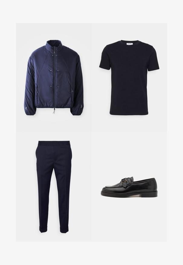 Veste doudoune marine avec un col haut, fermeture éclair à l'avant, poches latérales, poignets élastiques et ourlet froncé pour l'isolation et un ajustement optimal.; T-shirt noir à manches courtes avec un col ras-du-cou, muni d'une petite étiquette blanche à l'intérieur du col.; Pantalons bleu marine avec une texture lisse, dotés d'une taille élastique et de poignets retroussés, conçus dans une coupe fuselée avec des poches latérales.; Mocassins en cuir noir avec un bout arrondi et une boucle décorative. Talon plat, solide et texture lisse sur l'ensemble.