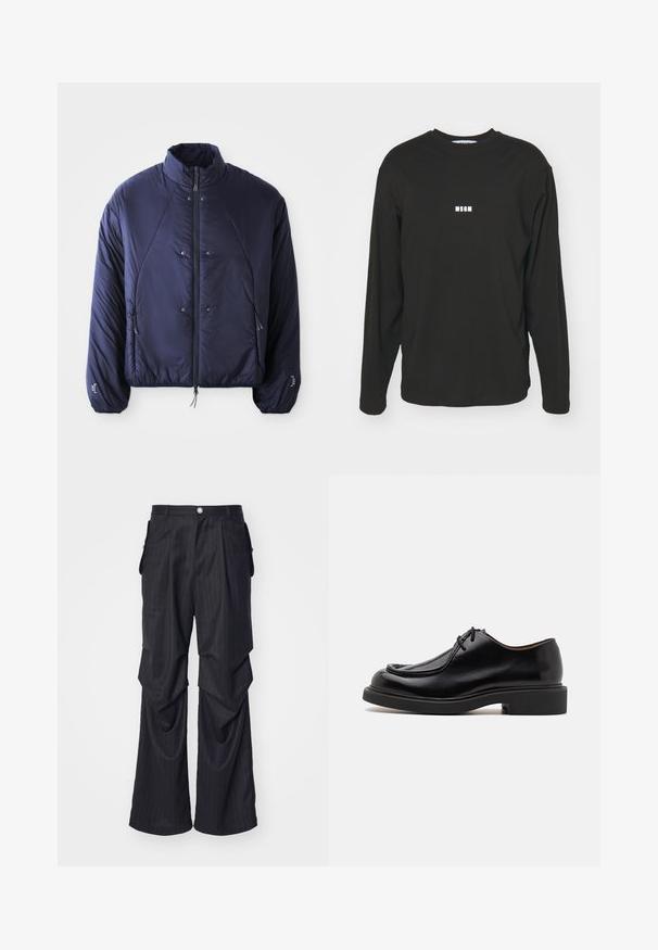 Marineblåt puffjakke med høj krave, lynlåslukning foran, sidelommer, elastiske manchetter og samlet kant for isolering og pasform.; Sort langærmet T-shirt lavet af bomuld, med et lille hvidt "MSGM" logo på brystet, rund hals og afslappet pasform.; Sorte nålestribede bukser med bred bendesign, der har folder, sidelommer og en frontlukning med knap. Glat tekstur.; Sort lædersko med en rund tå, stikninger, minimale snørebånd og en tyk gummisål for greb og holdbarhed.