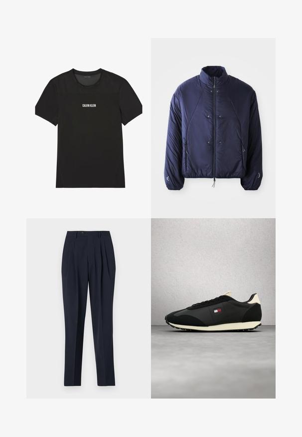 Marine pufferjack met een hoge kraag, voorste ritsopening, zijzakken, elastische manchetten en een gegatherde zoom voor isolatie en pasvorm.; Zwart sportief T-shirt met korte mouwen, met een mesh gedeelte op de bovenborst en schouders, met het logo "Calvin Klein" centraal op de voorkant.; Marineblauwe broek met een hoge taille, geplooide front en een enkele knoopsluiting. De stof lijkt soepel met een getailleerde pasvorm en rechte pijpen.; Zwarte en beige sneaker met veters, met een klein rood, wit en blauw logo aan de zijkant, tegen een achtergrond van een grijze vloer en glazen wand.