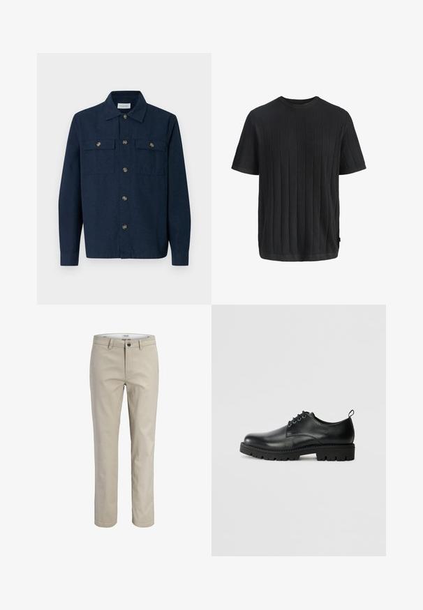 Chemise bleu marine à boutons, confectionnée dans un tissu à la texture lisse, dotée de deux poches avant et de boutons dorés.; Pull court à manches courtes noir en maille avec motif côtelé vertical et encolure ronde, présenté sur un fond blanc uni.; Pantalon beige droit avec passants de ceinture, fermeture par bouton et poches avant, présenté sur fond blanc.; Chaussure en cuir noir à bout arrondi, présentant un design à lacets, une semelle en caoutchouc noire robuste et un petit onglet de talon à l'arrière.