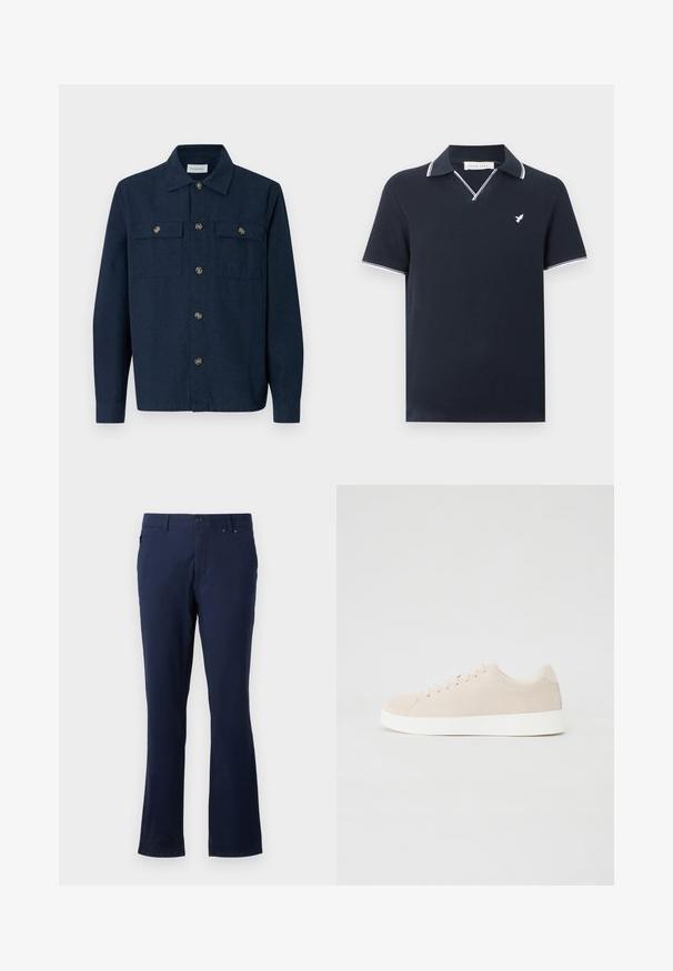 Camisa azul marino abotonada hecha de tela con una textura suave, con dos bolsillos delanteros y botones de tono dorado.; Polo de manga corta azul marino con ribete blanco en el cuello y las mangas, con un pequeño logo blanco de pájaro en el pecho.; Pantalones azul marino confeccionados con tejido ligero, con un diseño de pierna recta, bolsillos frontales y cierre de botón en la cintura.; Zapatillas de ante beige con suelas de goma blanca, puntera redondeada y seis ojales para los cordones. Textura suave con un diseño minimalista.