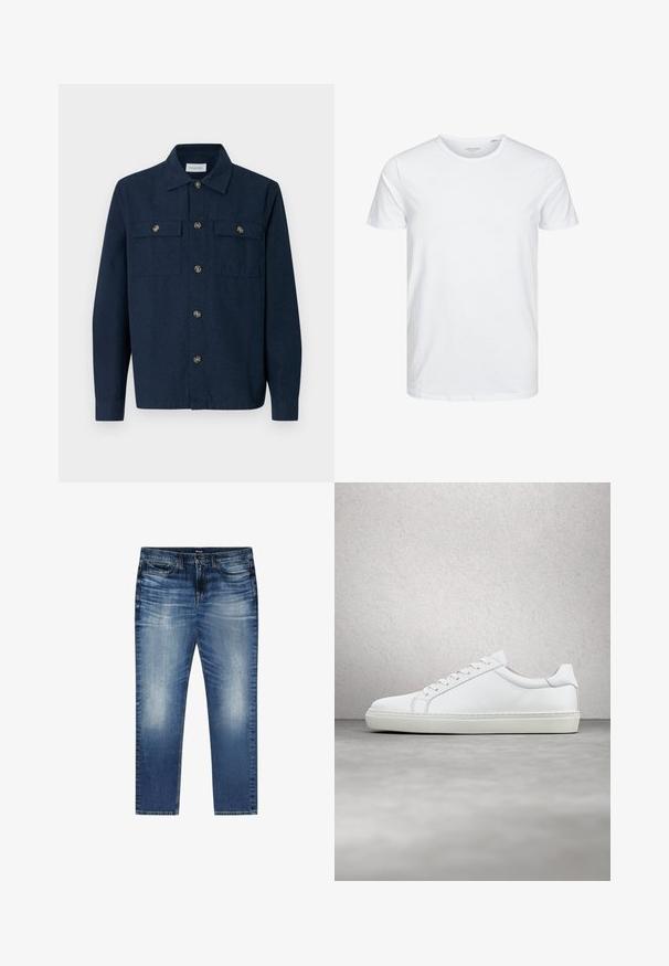 Navyblauw overhemd met knopen, gemaakt van een stof met een gladde textuur, voorzien van twee borstzakken en knopen in goudkleur.; Ronde hals kortemouwen t-shirt in effen wit, gemaakt van zachte katoen, heeft een eenvoudig ontwerp zonder zichtbare patronen of accenten.; Blauwe vervaagde denim jeans met voorzakken, riemlussen en een knoopsluiting, plat gelegd op een witte achtergrond.; Witte sneaker met een gladlederen bovenwerk en een laag profiel. Voorzien van een ronde neus, zes vetergaatjes en een gestructureerde rubberen zool.