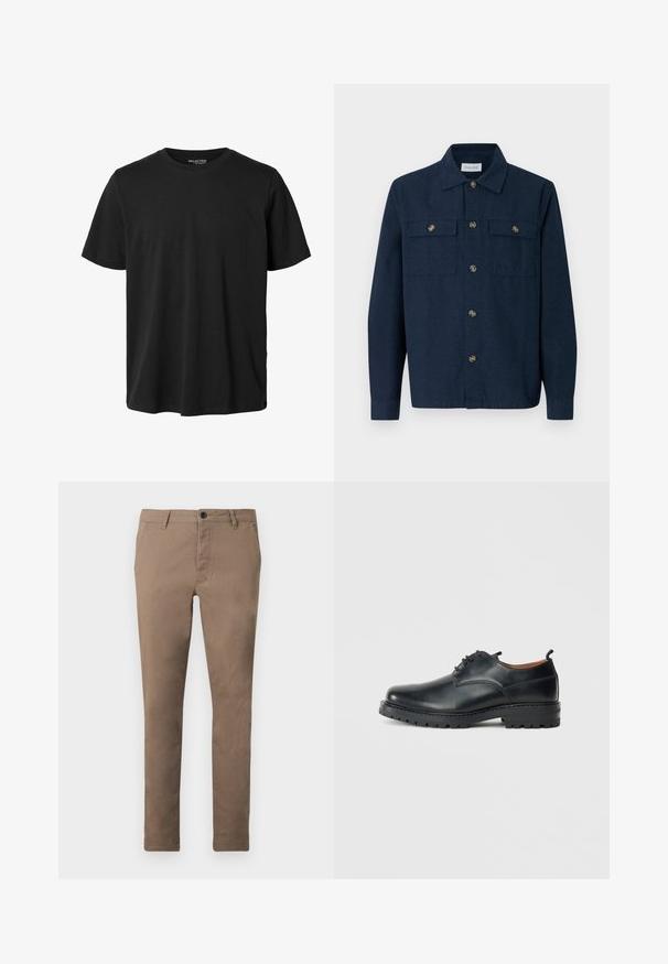 Marineblå skjorte med knapper, lavet af stof med en glat tekstur, med to lommer foran og knapper i guldfarve.; Sort kortærmet t-shirt med rund halsudskæring, normal pasform og uden synligt design eller mærkning foran.; Brune, slim-fit herrebukser med forreste knap- og lynlåslukning, bæltestropper og sidelommer, vist fladt på en hvid baggrund.; Sorte læder derby-sko med en glat overflade, rund tå, snøre-design og en tyk, robust gummisål.