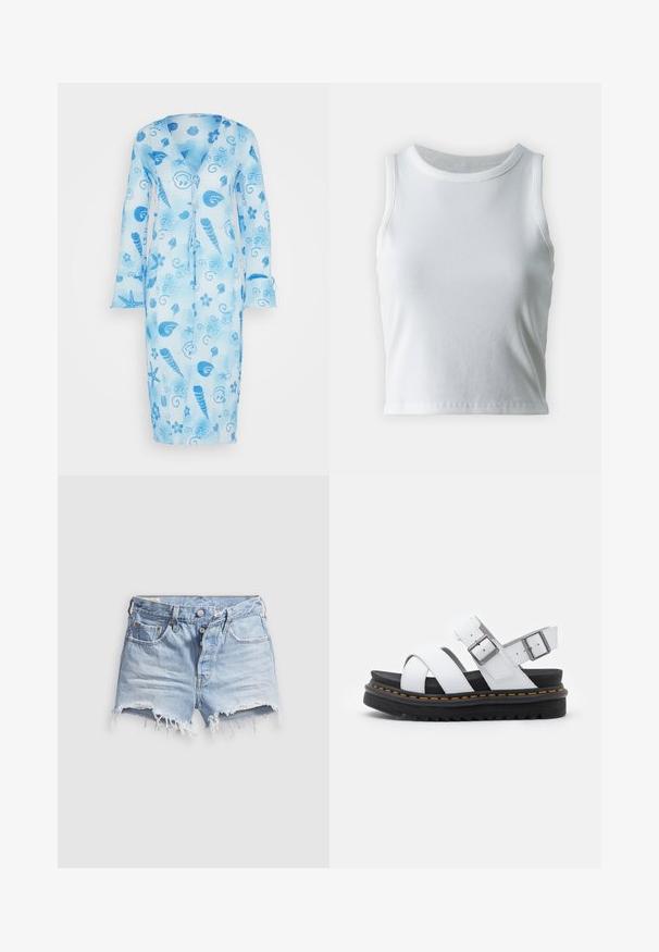 Envii KORFU - Veste légère - under water; Débardeur blanc côtelé avec un décolleté rond et sans manches, présentant un ourlet droit et une texture lisse et extensible.; Shorts en denim bleu clair avec bords effilochés, cinq poches et fermeture à boutons. La texture est douce avec un aspect légèrement usé.; Sandales en cuir blanc avec des sangles réglables à boucle, semelle en noir superposée et détail de couture orange le long du bord.