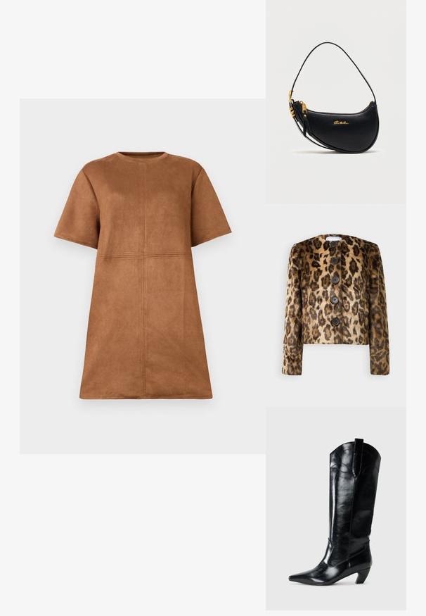 Chaqueta de piel sintética con estampado de leopardo, cuello redondo, cinco botones oscuros y mangas largas. Textura suave y diseño corto.; Vestido corto de ante marrón con mangas cortas, escote de barco y detalles de costura vertical y horizontal en el frente.; Botas de cuero negras hasta la rodilla con punta afilada, tacón bajo y detalle de costura decorativa en los laterales. Acabado suave y brillante.; Bolso de mano de cuero negro en forma de media luna con cremallera dorada, correa ajustable y pequeño logo dorado de "Steve Madden" en el frente.