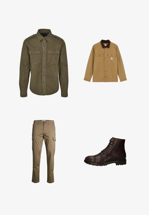Chaqueta marrón claro con botones, cuello de pana marrón oscuro, dos bolsillos con solapa y botones en el pecho y bolsillos laterales.; Camisa verde oliva de botones hecha de algodón. Cuenta con un cuello, dos bolsillos en el pecho con solapas y hombros estructurados con costuras visibles.; Pantalones cargo en un color caqui claro, fabricados en algodón. Presentan bolsillos laterales, piernas rectas y un cierre de botón.; Bota de tobillo de cuero marrón oscuro con cordones, suela de goma resistente y ojales de metal, vista desde el lado exterior.