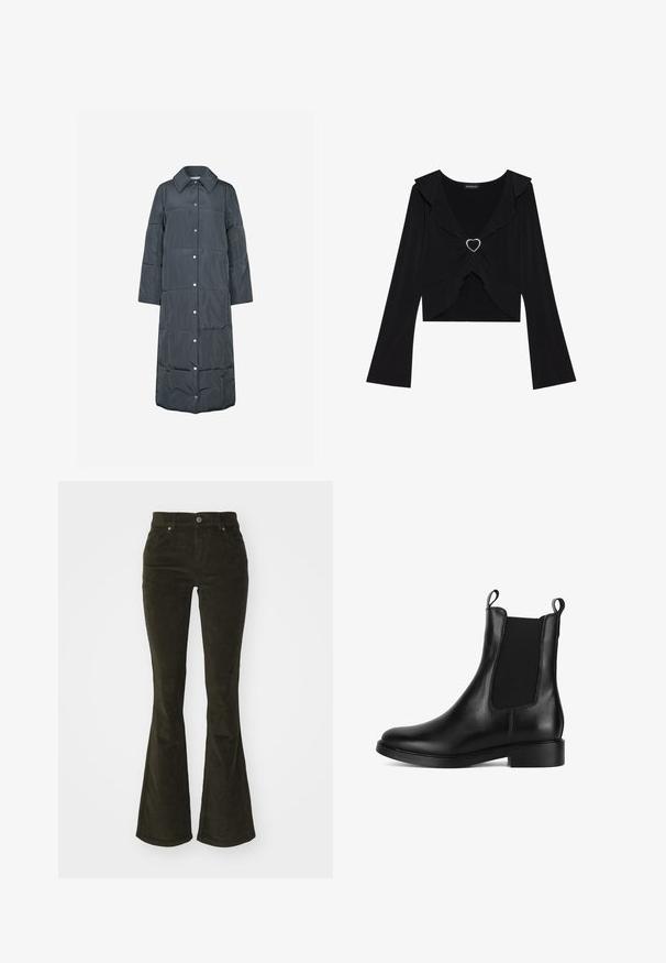 Envii DAYTON - Klassisk frakke - asphalt; Sort langærmet top med flæsekrave og metalaccent formet som et hjerte foran. Blødt stof, cropped design og svungne ærmer.; Bredde corduroy bukser i mørkegrøn. Har for- lommer, knaplukning og et blødt, struktureret stof med ribbet mønster.; Sorte læder Chelsea-støvler med elastiske sidepaneler, trækstræk, rund tå og flad hæl. Glat tekstur med minimalistisk design.