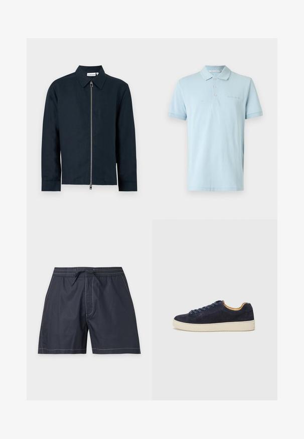 Veste chemise bleu marine foncé à manches longues avec col pointu et fermeture éclair argentée pleine longueur devant au centre.; Polo bleu clair à manches courtes avec trois boutons et un petit logo "Tiger of Sweden" sur la poitrine et l'étiquette du col.; Short de bain bleu marine avec coutures blanches, taille élastique, poches latérales et fermeture à nouer sur le devant.; Baskets basses en suede bleu marine avec bout arrondi, semelle en caoutchouc blanc cassé et lacets assortis ; dotées d'une doublure intérieure contrastante couleur tan.
