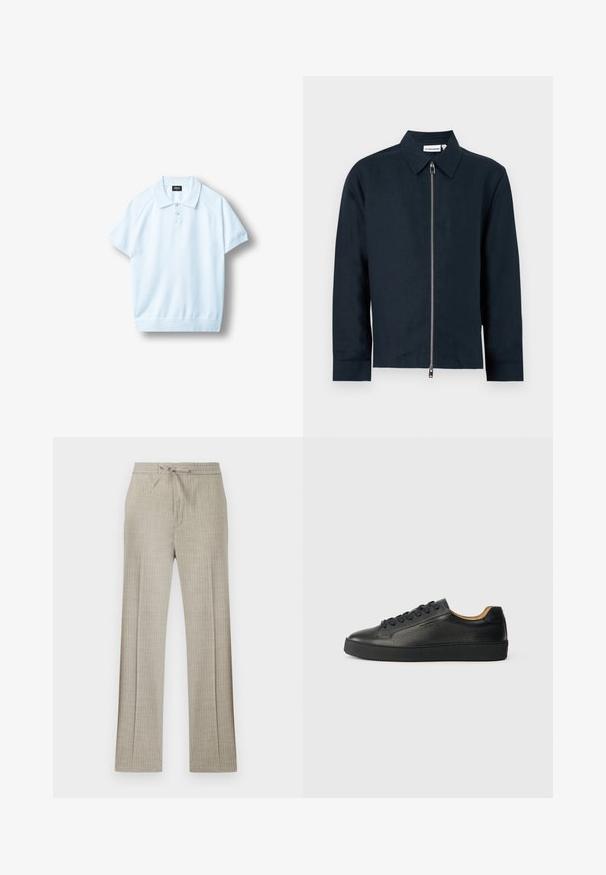 Veste chemise bleu marine foncé à manches longues avec col pointu et fermeture éclair argentée pleine longueur devant au centre.; Polo bleu clair à manches courtes avec poignets et ourlet côtelés, patte de boutonnage à trois boutons et étiquette noire à l'intérieur du col.; Pantalon beige en mélange de lin avec fines rayures blanches discrètes, taille à cordon et jambes droites.; Baskets basses en cuir noir avec surface texturée, lacets noirs et semelle en caoutchouc épaisse, présentées de côté sur un fond clair.