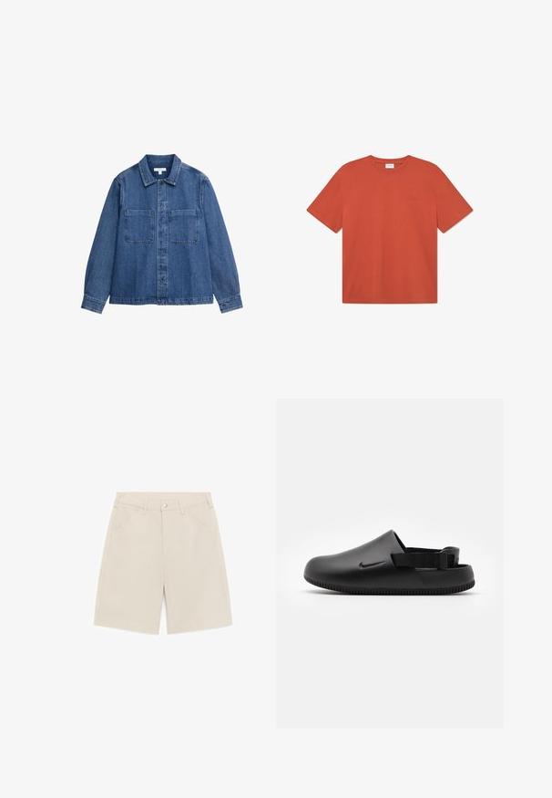 Jeansjacke, mittelblau, mit durchgehender Knopfleiste, spitzem Kragen, zwei Brusttaschen, langen Ärmeln mit geknöpften Manschetten, kontrastierende Steppnähte.; Kurzärmliges T-Shirt in ziegelrot, aus Baumwolle gefertigt. Rundhalsausschnitt, lässige Passform, mit dezenter Markenstickerei auf der Brust.; Beige knielange Shorts mit Vordertaschen, Gürtelschlaufen und Knopfverschluss auf weißem Hintergrund.; Schwarze geformte Clogs mit glatter Textur, einem Hinterriemen für Stabilität und einer geriffelten Sohle für Grip. Mit kleinem Logo an der Seite.
