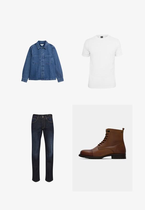 Denimjakke, mellemblå, med knapper foran, spids krave, to brystlommer, lange ærmer med knapper i manchetterne, detaljer med kontrastsyning.; Hvid kortærmet t-shirt, lavet af bomuld, med en klassisk rund hals og en glat tekstur, designet til afslappet brug.; Mørkeblå denimjeans med lige ben, fem lommer, gyldne stikninger og en glat tekstur. Knaplukning ved taljen.; Jack & Jones JFWSHAUN BOOT - Snørestøvletter - cognac