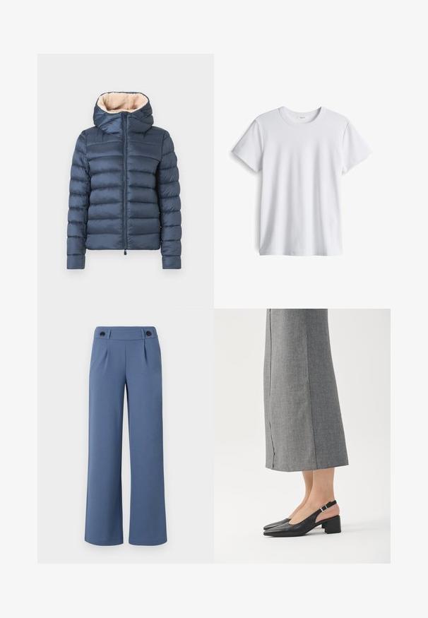Doudoune navy avec capuche, dotée d'une doublure en beige doux, d'une texture matelassée verticale et d'une fermeture éclair à l'avant.; T-shirt en coton blanc avec un col rond et des manches courtes. Texture douce, coupe droite, sans logos ni motifs visibles.; Pantalons larges bleus en tissu lisse, avec une taille plate, deux plis et deux boutons noirs à la taille.; Chaussures slingback en cuir noir avec bout pointu, talon bloc et accent de talon rose contrastant. Texture lisse avec un design minimaliste.