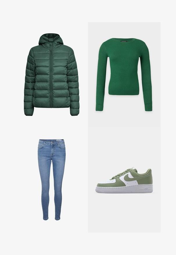 Grøn pufjakke med hætte, der har et quiltet design, frontlynlås og elastiske cuff. Fremstillet af et blødt, letvægtsmateriale.; Grøn ribstrikket langærmet sweater med rund hals, tætsiddende pasform og label ved halsudskæringen på en ensartet lys baggrund.; Slim-fit blå denimjeans med høj talje, fem lommer og knaplukning. Glat tekstur med minimal falming og uden mønstre.; Nike Air Force 1 sneakers i grøn og hvid læder. Lavtop design, rund tå, struktureret gummisål og fremtrædende swoosh-logo detalje.