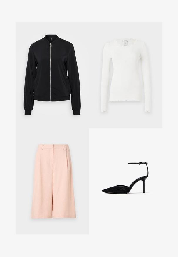 Veste bomber noire avec zip frontal, poignets côtelés et col rond. Matière lisse avec poches latérales et coupe ajustée.; Haut à manches longues blanc à côtes avec un bord en dentelle festonné au niveau du col et des poignets, silhouette ajustée et col rond.; Pantalon court taille haute à jambes larges en tissu rose clair avec passants de ceinture et fermeture frontale dissimulée.; Escarpin noir à bout pointu avec côtés en mesh et fine bride de cheville à fermeture par boucle.