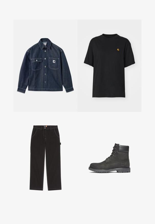 Mørk denimjakke med lange ærmer, to brystlommer, sølvknapper og hvide syninger. Har en logo-patch på den venstre lomme.; Sort bomulds T-shirt med en afslappet pasform. Har en rund halsudskæring og korte ærmer. Inkluderer et lille guld broderet logo på brystet.; Sorte bukser lavet af holdbart stof, med kontrastsyninger, to forlommer, en enkelt sidelomme og lukning med knap.; Sorte læder ankelstøvler med rund tå, snørelukning foran, polstret krave og mønstret gummisål. Har et logo præget på siden.