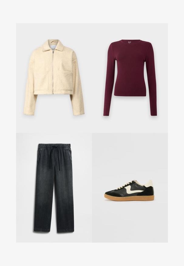 Cropped Crème-Jacke aus weichem, strukturiertem Material. Verfügt über einen Kragen, einen Reißverschluss an der Vorderseite und zwei quadratische Taschen auf der Brust.; Langärmliges, burgunderfarbenes, figurbetontes Rundhals-Shirt mit schlichtem Design und ohne sichtbare Muster oder Logos, präsentiert vor einem schlichten weißen Hintergrund.; Schwarze Jeanshose mit einem elastischen Bund und Kordelzug, weitem Bein und dezentem Used-Effekt. Mit zwei Seitentaschen.; Schwarze Wildleder- und Leder-Sneaker mit einem cremefarbenen Seiten-Swoosh und einer hellcremefarbenen Ferse. Ausgestattet mit beige Schnürsenkeln und einer Gummilaufsohle.