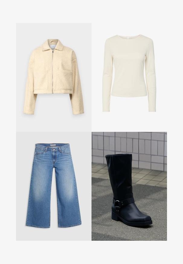 Cropped Crème-Jacke aus weichem, strukturiertem Material. Verfügt über einen Kragen, einen Reißverschluss an der Vorderseite und zwei quadratische Taschen auf der Brust.; Cremefarbenes, langärmliges, tailliertes Damenshirt mit rundem Ausschnitt und glatter Textur, auf weißem Hintergrund präsentiert.; Hellblaue weite Jeans aus Denim, mit hoher Taille, klassischem Fünf-Taschen-Design und sanften Ausbleichungen entlang der Beine.; Schwarzer Lederstiefel bis zur Mitte der Wade mit niedrigem Blockabsatz und dekorativem Riemen mit Metallschnalle um den Knöchel, auf einem gefliesten Gehweg.