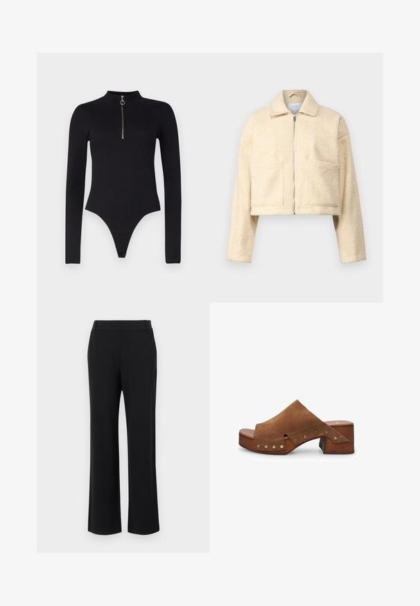 Cropped Crème-Jacke aus weichem, strukturiertem Material. Verfügt über einen Kragen, einen Reißverschluss an der Vorderseite und zwei quadratische Taschen auf der Brust.; Noisy May NMTONI BODY - Langarmshirt - black; Schwarze, ausgestellte Hosen mit glatter Textur, mittelhohem Bund und seitlichen Taschen. Einfaches Design ohne Muster oder Verzierungen.; Braune Wildleder-Absatzsandale mit einem breiten Riemen und Ausschnittdetails, verziert mit Messingnieten und einem Holzblockabsatz.