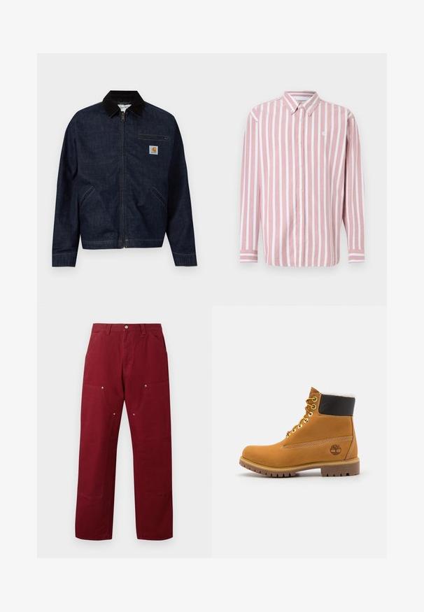 Chaqueta vaquera azul oscuro con cremallera, cuello negro, dos bolsillos laterales, un bolsillo en el pecho con cremallera y un pequeño parche con el logo de Carhartt en el pecho.; Camisa de botones a rayas en rosa y blanco. Cuenta con cuello, mangas largas y un pequeño logo. Confeccionada con tela tejida.; Pantalones de algodón burdeos con corte recto, que cuentan con dos bolsillos frontales, herrajes plateados y acentos en las rodillas. Textura suave, de peso medio.; Botín de cuero marrón con ojales de metal, forro de piel sintética blanca, cuello acolchado negro, suela resistente y logotipo en relieve en el costado.
