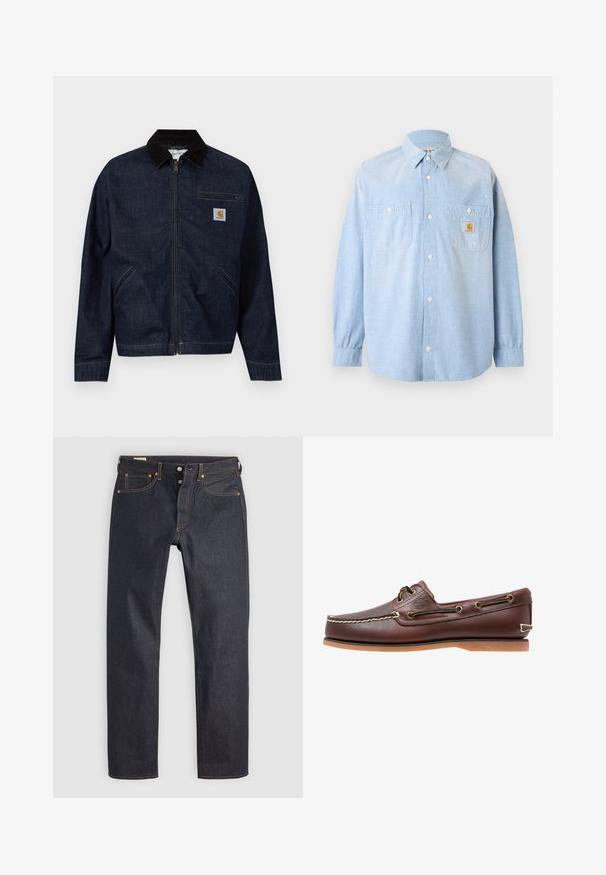 Tmavomodrá rifľová bunda na zips s čiernym golierom, dvoma bočnými vreckami, vreckom na zips na hrudi a malou nášivkou s logom Carhartt na hrudi.; Svetlomodrá košeľa s dlhým rukávom a zapínaním na gombíky, s dvoma prednými vreckami, z ktorých jedno má nášivku s logom Carhartt a jemné biele škvrny od farby.; Tmavomodré rifle z denimu s rovnými nohavicami, zdobené oranžovým prešitím a klasickým päťvreckovým strihom. Zapínanie na gombík a zips.; Hnedá kožená lodná topánka s bielym prešívaním, detailmi na šnúrky a svetlohnedou gumovou podrážkou, zobrazená z boku na bielom pozadí.