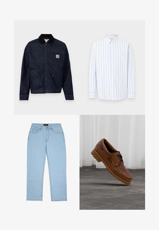 Donkerblauwe denim jas met ritssluiting, zwarte kraag, twee zijzakken, een met rits afgesloten borstzak en een klein Carhartt-logo op de borst.; Lichtblauw-wit gestreept overhemd met lange mouwen, knoopkraag, katoenen stof, met een klein logo op de borst, rechte snit.; Lichtblauwe jeans met rechte pijpen, voorzakken, riemlussen, knoopsluiting en zichtbare stikdetails.; Bruine leren bootschoen met zwarte veters, beige stiksel en een robuuste zool, zwevend boven een grijze betonnen vloer.