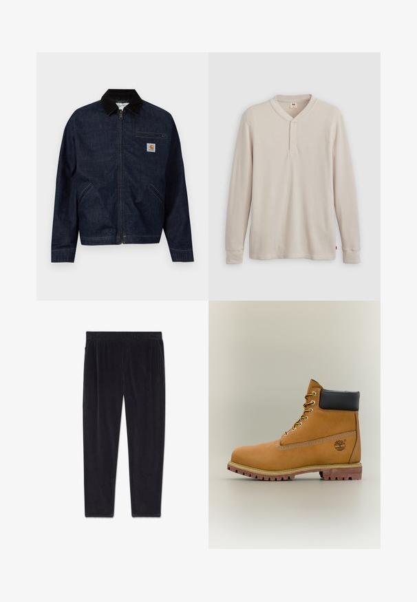 Veste zippée en denim bleu foncé avec col noir, deux poches latérales, une poche poitrine zippée et un petit patch logo Carhartt sur la poitrine.; T-shirt henley à manches longues en tissu côtelé beige clair, avec un col en V, une patte de boutonnage à trois boutons et des manches à poignets. Étiquette logo rouge à l'ourlet.; Pantalon en velours côtelé noir avec une ceinture élastique et des poches latérales, présenté à plat sur un fond blanc.; Bottine en cuir marron avec col noir, lacets jaunes et semelle beige. Présente un logo et des détails de couture blanche. Semelle extérieure à traction robuste.