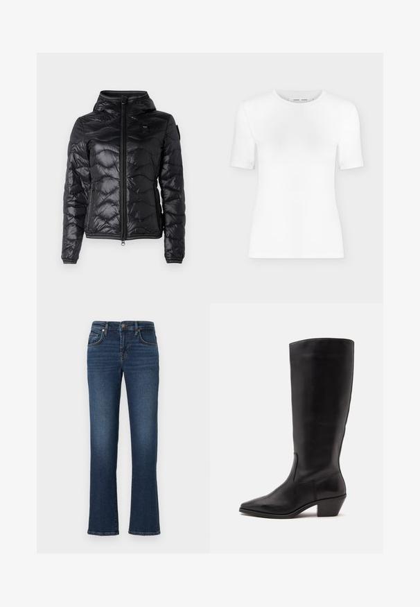 Blauer CAMELIA - Dunjakker - nero; Hvid T-shirt med rund hals, korte ærmer, slank pasform og ribbet stofstruktur, vist på en ensfarvet lys grå baggrund.; Mørkeblå denim jeans med lige ben, der har frontlommer, lynlås og bløde falmede områder langs lårerne.; Sort læderstøvle til midtkalv med spids tå og lavt skråt hæl på en enkel lys baggrund.