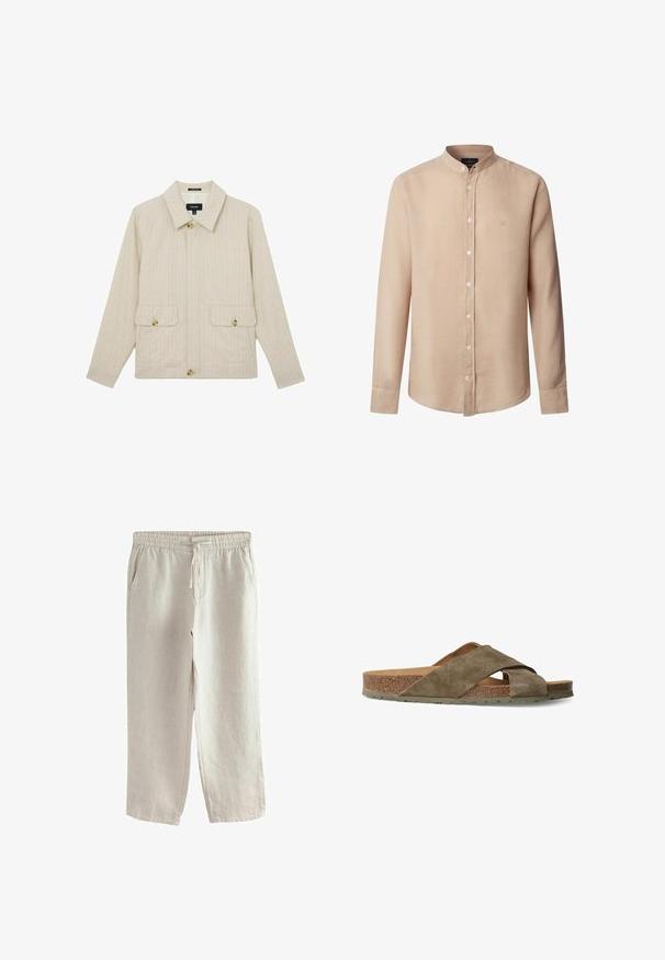 Chaqueta beige a rayas finas con un cuello ancho, tres botones grandes y dos bolsillos con solapa y botones en la parte delantera.; Camisa beige de manga larga con botones y cuello mandarín, con pequeño logo bordado en el pecho izquierdo.; Pantalones de lino beige claro con cintura elástica, cordón, bolsillos laterales y corte recto.; Sandalia deslizante de ante verde oliva con correas entrecruzadas, plantilla de corcho y suela de goma texturizada. Con puntera abierta y diseño plano.