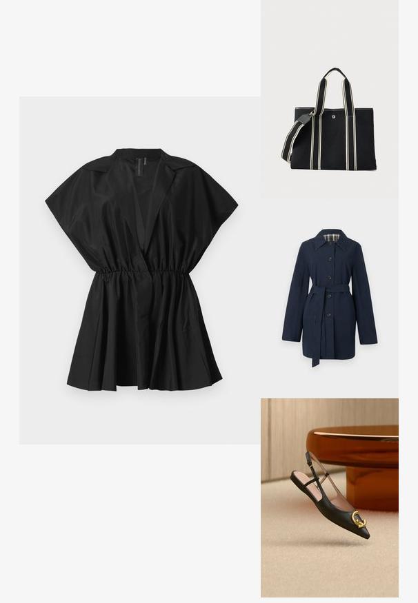 Marineblauer Trenchcoat mit Gürtel, langen Ärmeln, durch Knöpfe zu schließen, spitzem Kragen und kariertem Innenfutter.; Schwarze Bluse mit kurzen Ärmeln, gerafftem Taillenbereich und plissierter unterer Partie. Hergestellt aus leichtem Stoff, mit einem eleganten, minimalistischen Design.; Schwarzer Slingback-Flachschuh mit spitz zulaufender Spitze und goldener dekorativer Schnalle, schwebend über beigem Teppich, im Hintergrund ein gebogener brauner glänzender Tisch.; Schwarze Leinwand-Shopper-Tasche mit cremefarben gestreiften Doppelschlaufen und passendem, abnehmbarem Schulterriemen vor einem schlichten, hellen Hintergrund.