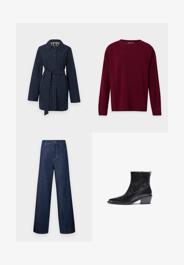 Marineblå trenchcoat med bælte, lange ærmer, knaplukning foran, spids krave og ternet inderfor.; Bordeaux-farvet langærmet crewneck-trøje med ribstrikkede ærmegab og kant, vist mod en ensartet lys baggrund.; Mørkeblå bukser med vide ben, lukket med knapper og lynlås foran, for- og baglommer samt orange syning.; Sort læder ankelstøvle med spids tå og lav blokhæl. Funktioner inkluderer en sidelukning med lynlås og minimale syninger for et elegant design.