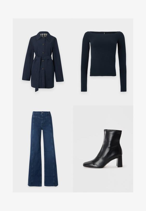 Trench-coat bleu marine ceinturé avec manches longues, boutonnage sur le devant, col pointu et doublure intérieure à carreaux.; Haut ajusté bleu marine à manches longues avec un large décolleté carré, sans motifs ni logos visibles.; Jean bleu foncé taille haute à jambes larges, coutures visibles et fermeture à boutons devant, sur un fond clair uni.; Botte de cheville en cuir noir avec un bout pointu et un talon carré structuré. Texture lisse avec un design épuré et minimaliste.