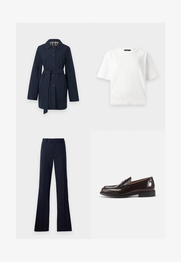 Marineblauer Trenchcoat mit Gürtel, langen Ärmeln, durch Knöpfe zu schließen, spitzem Kragen und kariertem Innenfutter.; Weißes T-Shirt mit kurzen Ärmeln in entspannter Passform aus glattem Baumwollstoff, mit rundem Halsausschnitt und ohne sichtbare Muster oder Akzente.; Navyblaue, ausgestellte Hosen aus einem glatten Stoff. Mit flachem Bund, Gürtelschlaufen und gebügelten Falten. Keine sichtbaren Muster oder Akzente.; Dunkelbrauner, polierter Herren-Pennyloafer aus Leder mit niedrigem Absatz und gesteppten Details auf weißem Hintergrund.