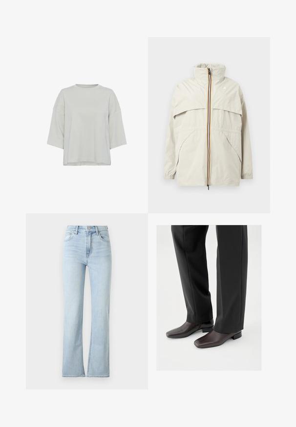 Lys beige vindjakke med høj krave, sort, gul og hvid stribet lynlås, skrå forlommer og elastiske manchetter.; Lys grå, kortærmet top lavet af blød stof. Har en rund halsudskæring og subtile sømdetaljer foran. Regular fit.; Lyseblå jeans med højtaljet pasform, knap- og lynlåslukning, for- og baglommer samt let udvidede ben.; Mørkebrune lædersko med firkantet tå og kort blokhæl, båret med sorte skræddersyede bukser, der viser et slankt og poleret udseende.
