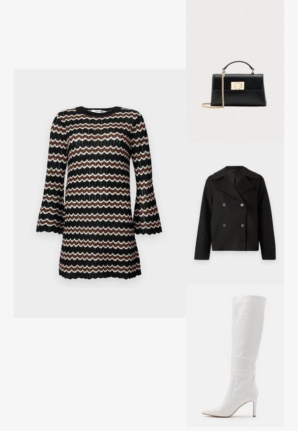 Sort dobbeltbrystet jakke med skræddersyet krave, lavet af et tekstureret stof. Har fremtrædende sorte knapper og en cropped silhuet.; Sort, hvid og brun zigzag-mønstret strikkjole med klokkeærmer og rund halsudskæring, der har et tekstureret åbent vævdesign.; RAID TRIBUTE - Højhælede støvler - white; Sort læderhåndtaske med struktureret form, udstyret med en øverste hank og en guldtonet kæderem. Dekorative guldhardware med logodetalje.