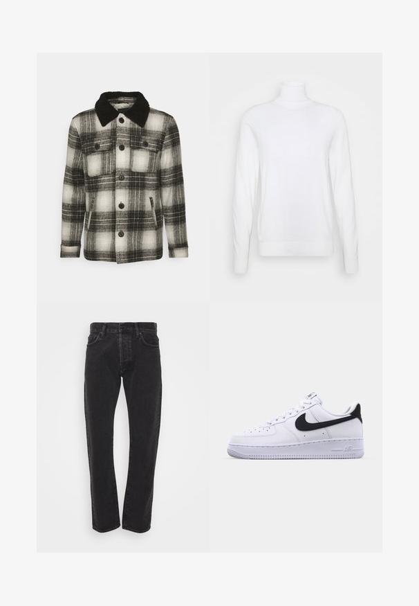 Brave Soul AUGUSTUS - Overgangsjakke - black/ white check; Hvid turtleneck sweater med lange ærmer, lavet af glat stof. Har et tætsiddende design og ribbede manchetter og kant. Ingen mønstre eller accenter.; Herre sorte lige ben denim jeans med frontknap og lynlås, fem lommer og bæltestropper på en ensfarvet hvid baggrund.; Hvide lædersneakers med en struktureret sort Swoosh, flade snørebånd og en gummisål med et rillemønster. "AIR" er præget på hælen.