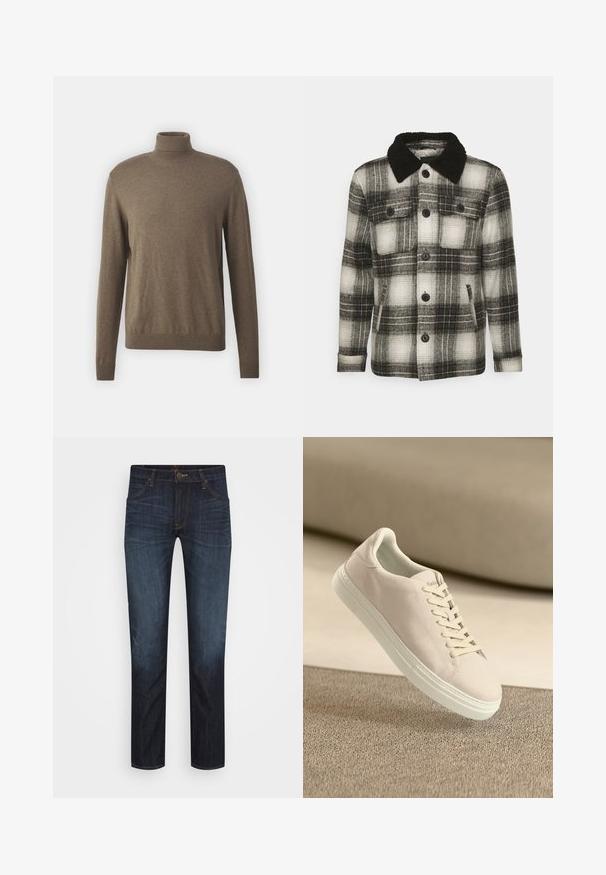 Brave Soul AUGUSTUS - Übergangsjacke - black/ white check; Brauner Rollkragenpullover aus weichem Material, mit langen Ärmeln, geripptem Kragen und Saum sowie einer glatten, gleichmäßigen Textur.; Dunkelblaue Slim-Fit-Denim-Jeans mit Vordertaschen, Gürtelschlaufen und sichtbaren Nähten, flach auf einem weißen Hintergrund ausgelegt.; Beige Wildleder-Sneaker mit weißer Sohle und Schnürsenkeln, die über einem strukturierten beigen Teppich vor einem sanften beigen Hintergrund schwebt.