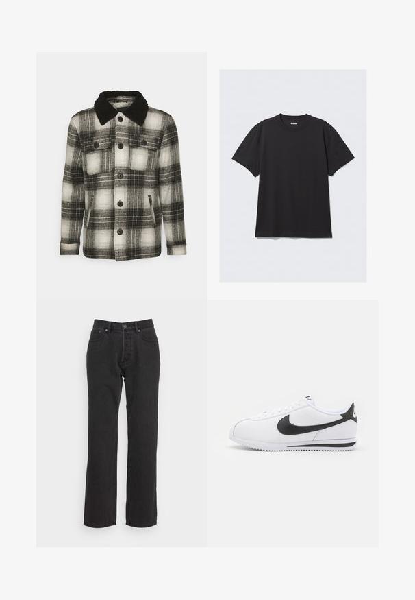 Brave Soul AUGUSTUS - Jas - black/ white check; Zwarte korte mouwen T-shirt van katoen. Kenmerkt zich door een ronde halslijn en een ontspannen pasvorm. Eenvoudig ontwerp zonder zichtbare patronen of accenten.; Zwarte denim jeans met een rechtzijdig ontwerp, voorzien van een voorste knoopsluiting, riemlussen en twee zijzakken. Gestructureerde stof.; Witte leren sneakers met zwarte Nike swoosh, platte veters en een getextureerde rubberen zool. Ronde neus en gevoerde kraag voor comfort.